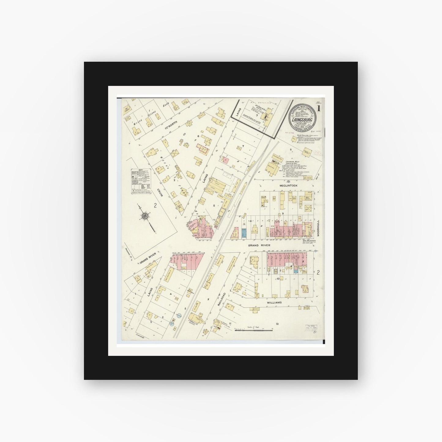 Old map wall art mockup — black gallery frame with white mat — Sanborn Fire Insurance Map from Laingsburg, Shiawassee County, Michigan (1910) - Complete Map Set