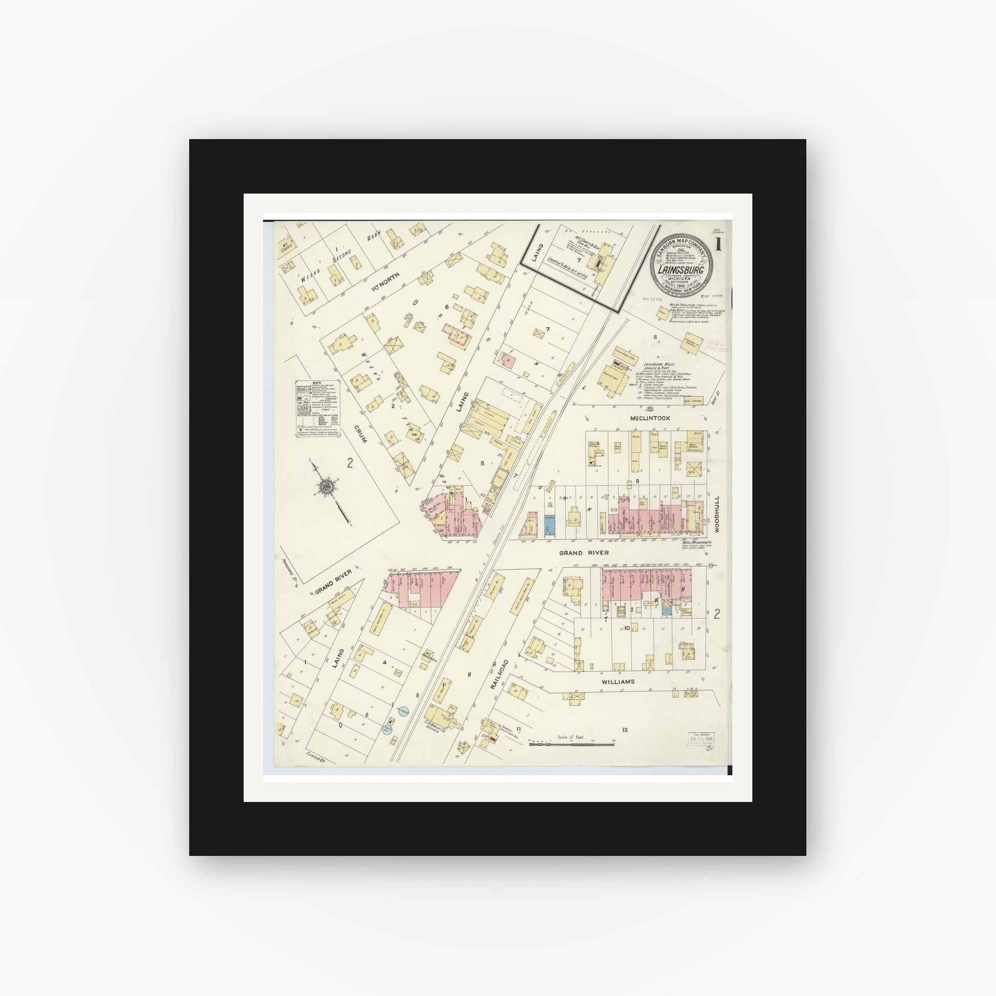 Old map wall art mockup — black gallery frame with white mat — Sanborn Fire Insurance Map from Laingsburg, Shiawassee County, Michigan (1910) - Complete Map Set