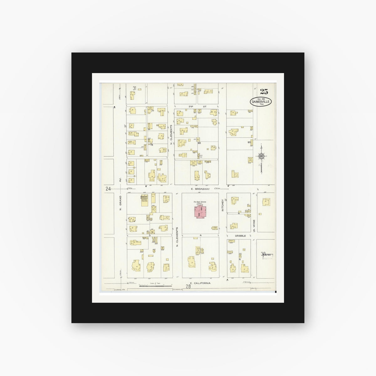 Old map wall art mockup — black gallery frame with white mat — Sanborn Fire Insurance Map from Gainesville, Cooke County, Texas (1913), Sheet #0025