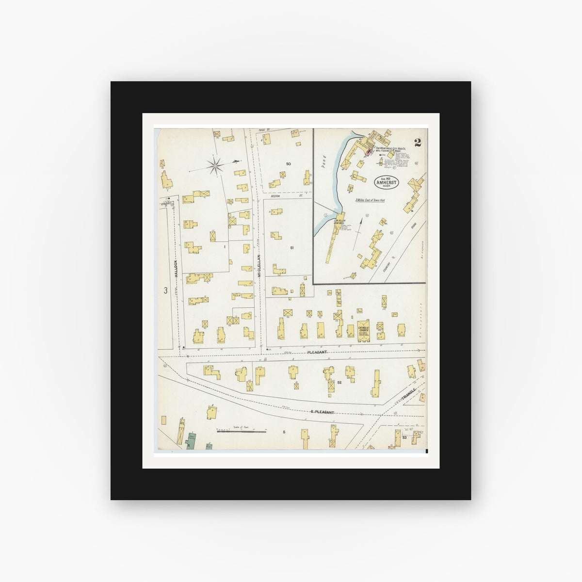 Old map wall art mockup — black gallery frame with white mat — Sanborn Fire Insurance Map from Amherst, Hampshire County, Massachusetts (1902), Sheet #0002