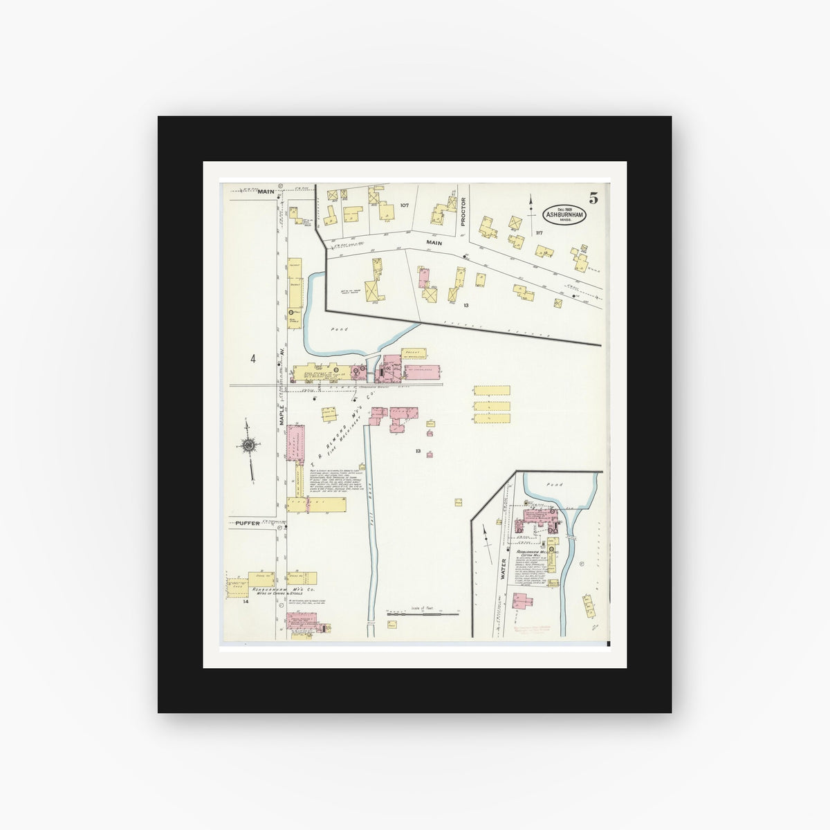 Old map wall art mockup — black gallery frame with white mat — Sanborn Fire Insurance Map from Ashburnham, Worcester County, Massachusetts (1909), Sheet #0005