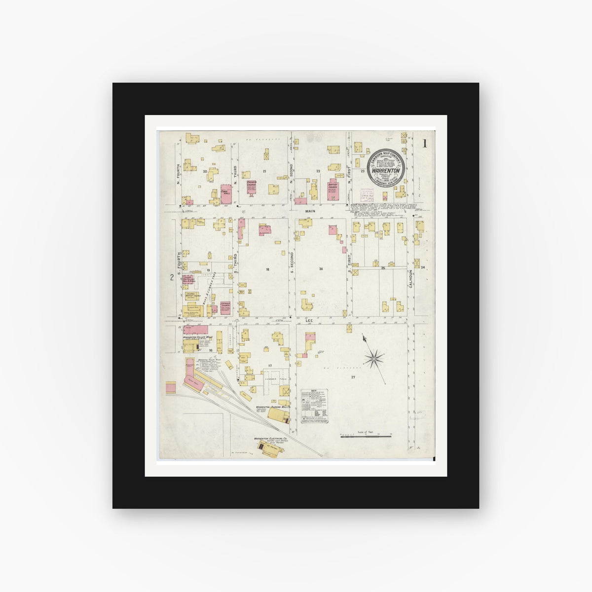 Old map wall art mockup — black gallery frame with white mat — Sanborn Fire Insurance Map from Warrenton, Fauquier County, Virginia (1908), Sheet #0001
