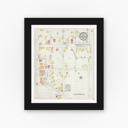 Old map wall art mockup — black gallery frame with white mat — Sanborn Fire Insurance Map from Warrenton, Fauquier County, Virginia (1908), Sheet #0001
