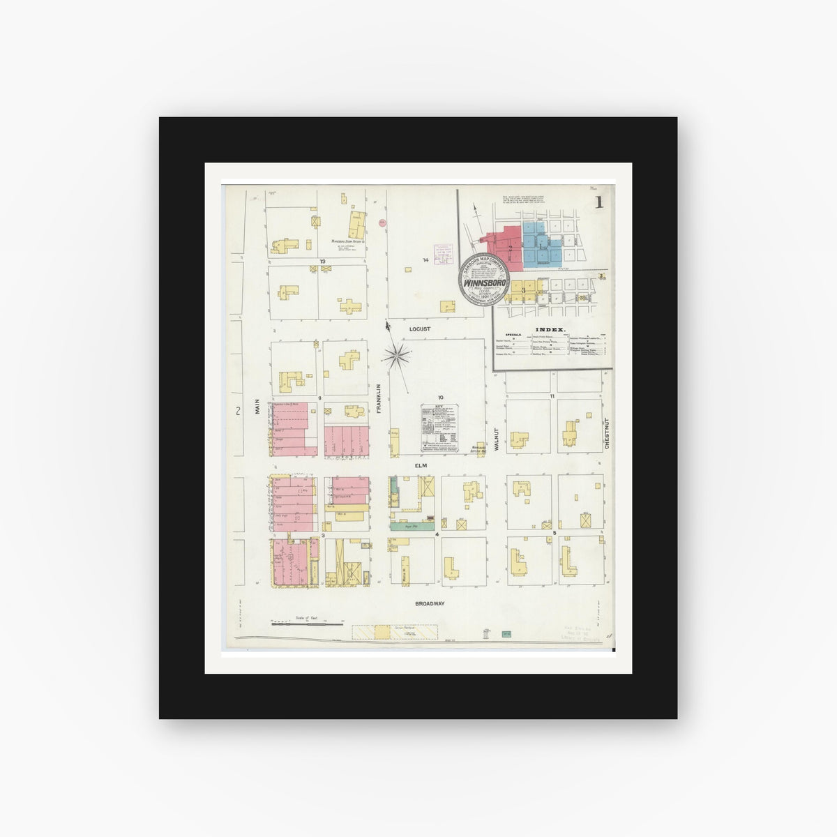 Old map wall art mockup — black gallery frame with white mat — Sanborn Fire Insurance Map from Winnsboro, Wood County, Texas (1904) - Complete Map Set