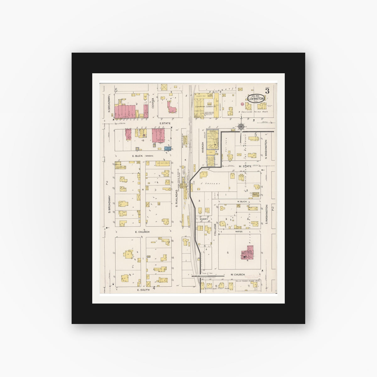 Old map wall art mockup — black gallery frame with white mat — Sanborn Fire Insurance Map from Lovington, Moultrie County, Illinois (1922), Sheet #0003