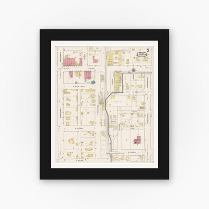 Old map wall art mockup — black gallery frame with white mat — Sanborn Fire Insurance Map from Lovington, Moultrie County, Illinois (1922), Sheet #0003