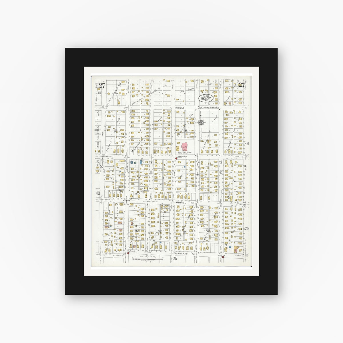 Old map wall art mockup — black gallery frame with white mat — Sanborn Fire Insurance Map from Beloit, Rock County, Wisconsin (1926), Sheet #0027