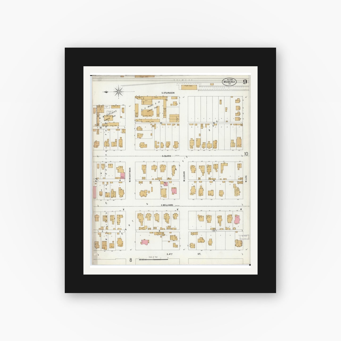 Old map wall art mockup — black gallery frame with white mat — Sanborn Fire Insurance Map from Moberly, Randolph County, Missouri (1899), Sheet #0009