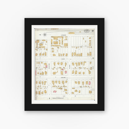 Old map wall art mockup — black gallery frame with white mat — Sanborn Fire Insurance Map from Moberly, Randolph County, Missouri (1899), Sheet #0009