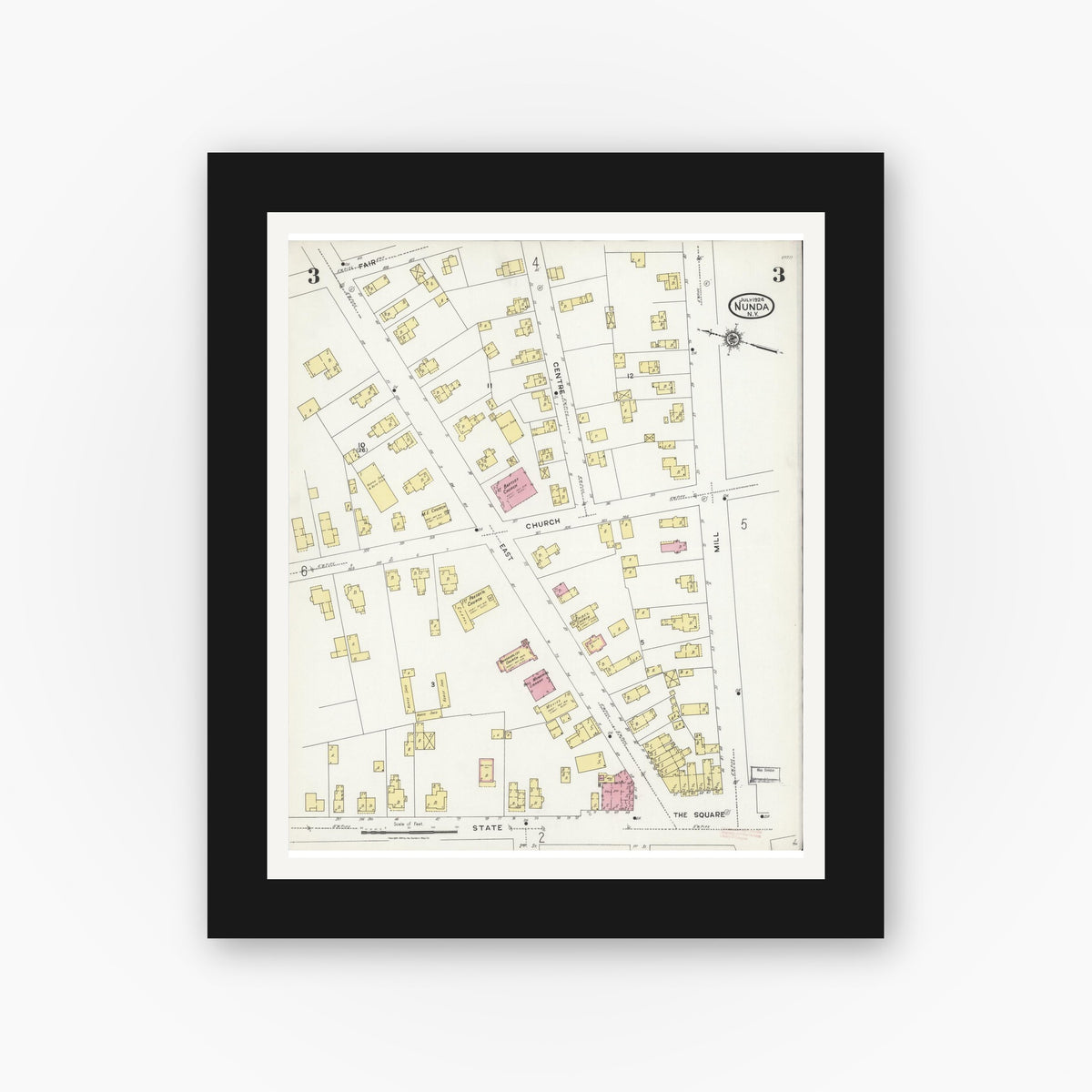 Old map wall art mockup — black gallery frame with white mat — Sanborn Fire Insurance Map from Nunda, Livingston County, New York (1924), Sheet #0003