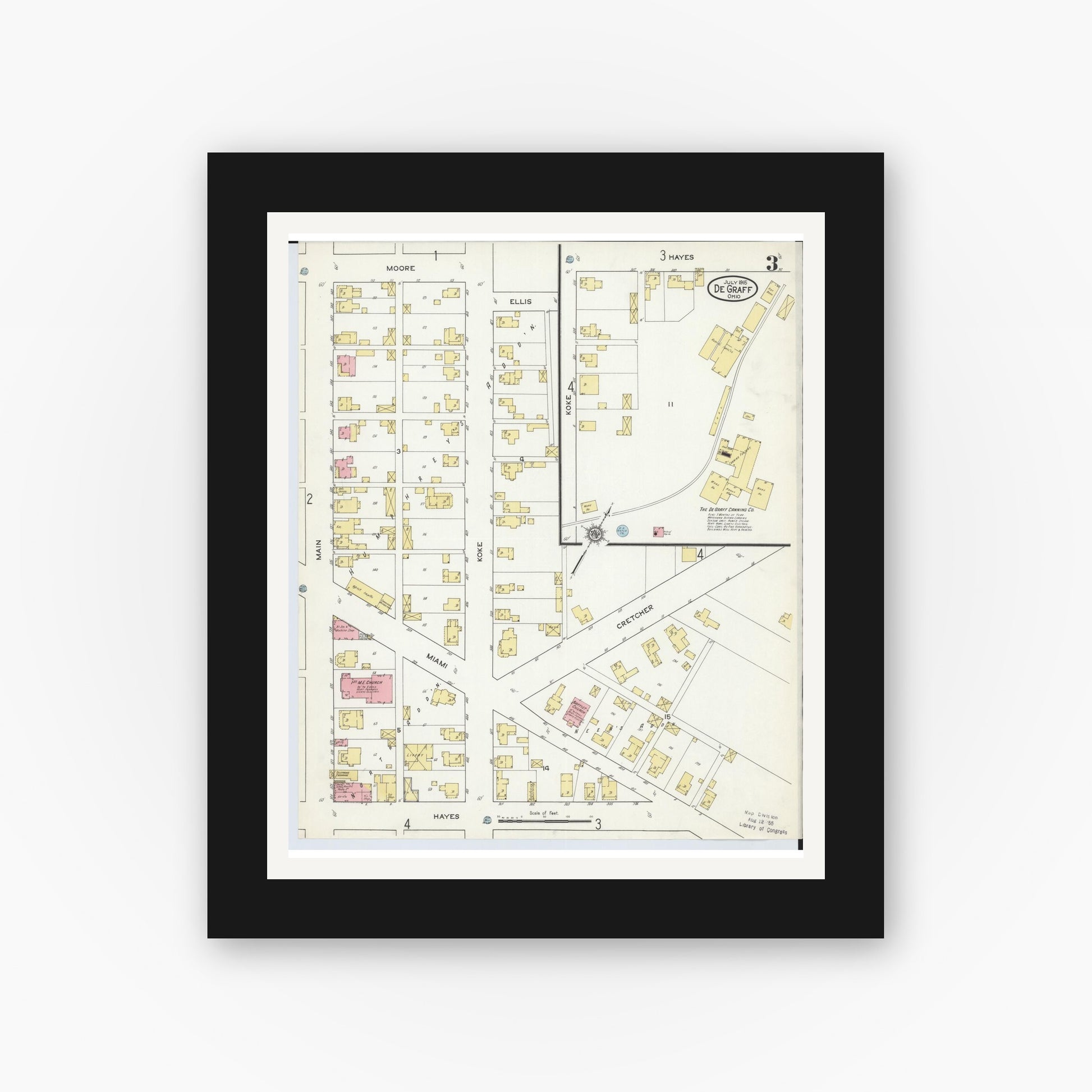 Old map wall art mockup — black gallery frame with white mat — Sanborn Fire Insurance Map from Degraff, Logan County, Ohio (1915), Sheet #0003