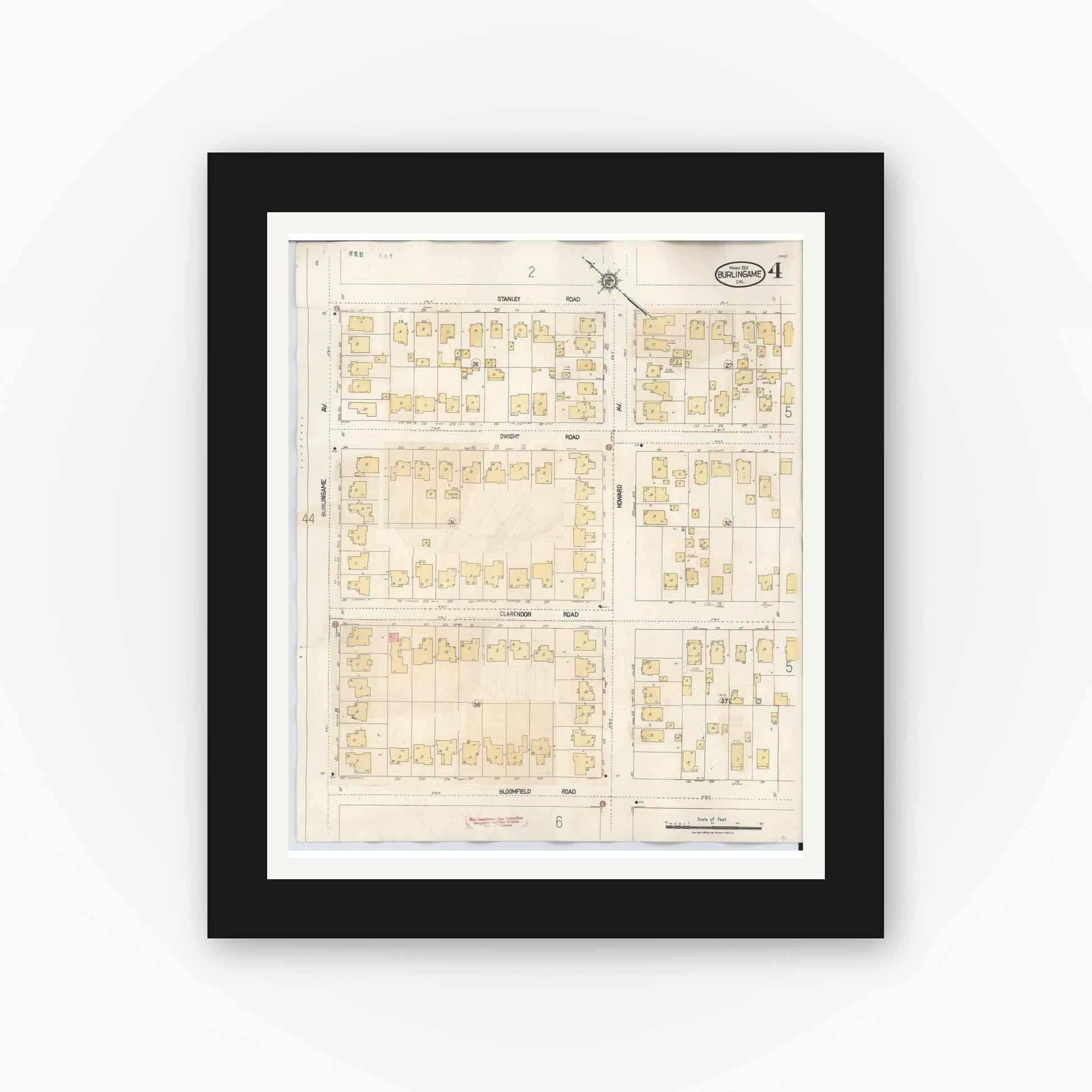Old map wall art mockup — black gallery frame with white mat — Sanborn Fire Insurance Map from Burlingame, San Mateo County, California (1949), Sheet #0004