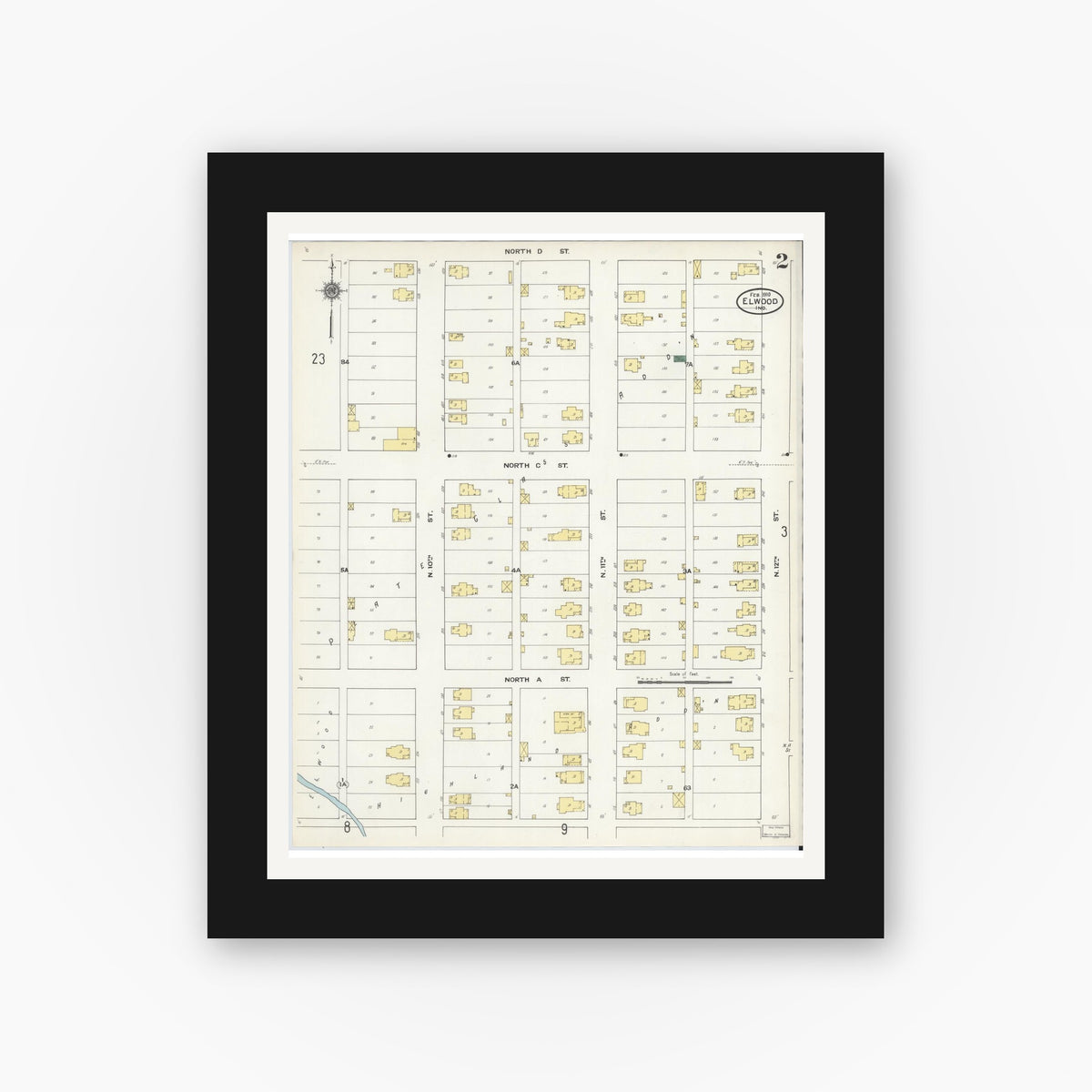 Old map wall art mockup — black gallery frame with white mat — Sanborn Fire Insurance Map from Elwood, Madison County, Indiana (1910), Sheet #0002
