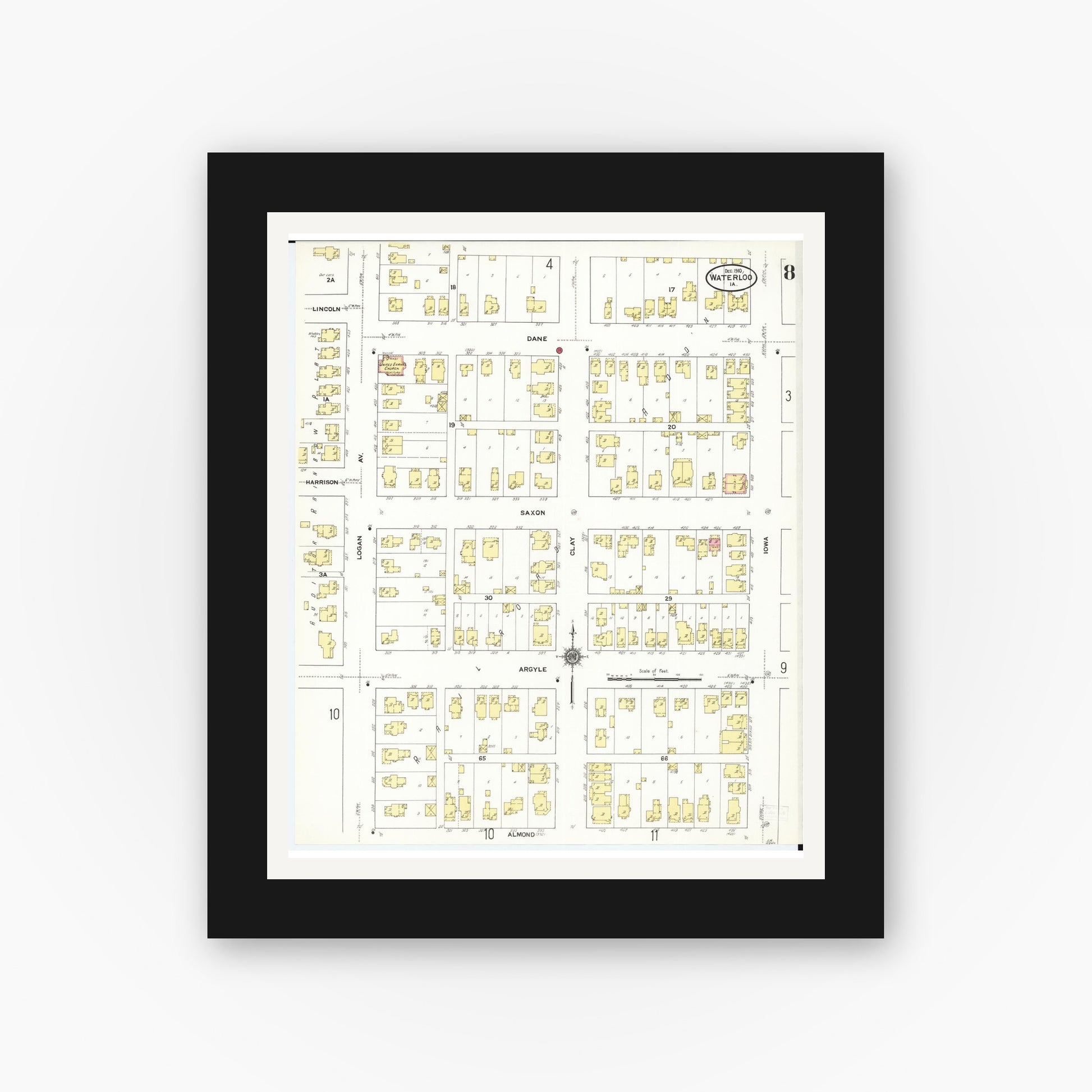 Old map wall art mockup — black gallery frame with white mat — Sanborn Fire Insurance Map from Waterloo, Black Hawk County, Iowa (1910), Sheet #0008