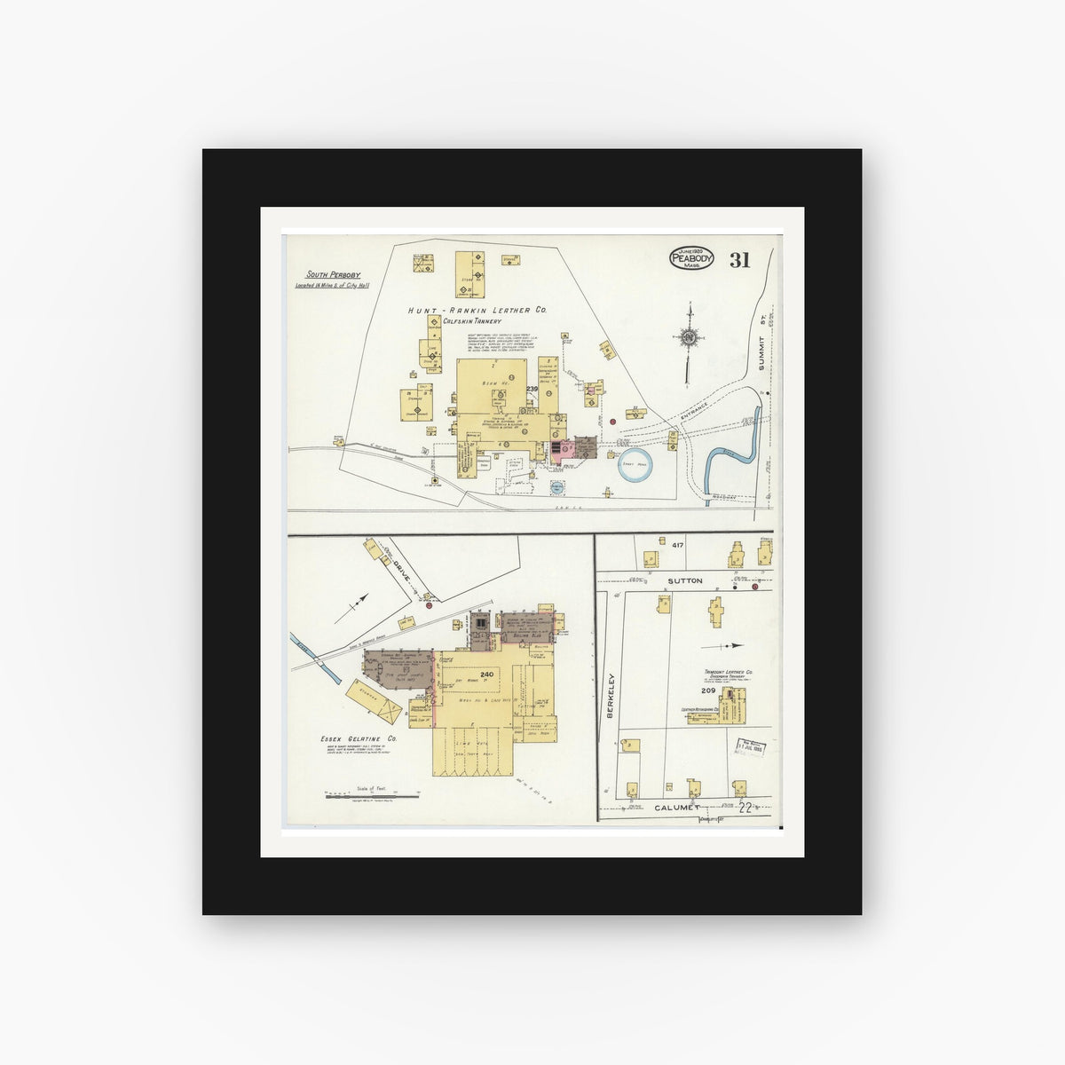 Old map wall art mockup — black gallery frame with white mat — Sanborn Fire Insurance Map from Peabody, Essex County, Massachusetts (1920), Sheet #0031