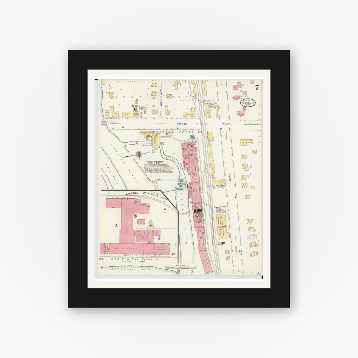 Old map wall art mockup — black gallery frame with white mat — Sanborn Fire Insurance Map from Otsego, Allegan County, Michigan (1911), Sheet #0007