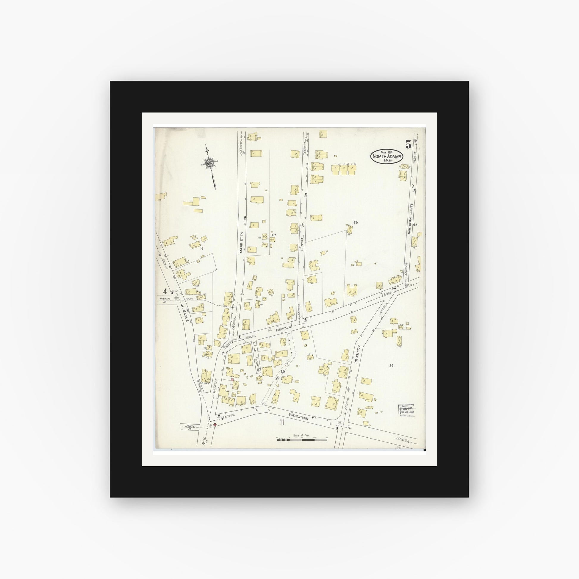 Old map wall art mockup — black gallery frame with white mat — Sanborn Fire Insurance Map from North Adams, Berkshire County, Massachusetts (1914), Sheet #0005