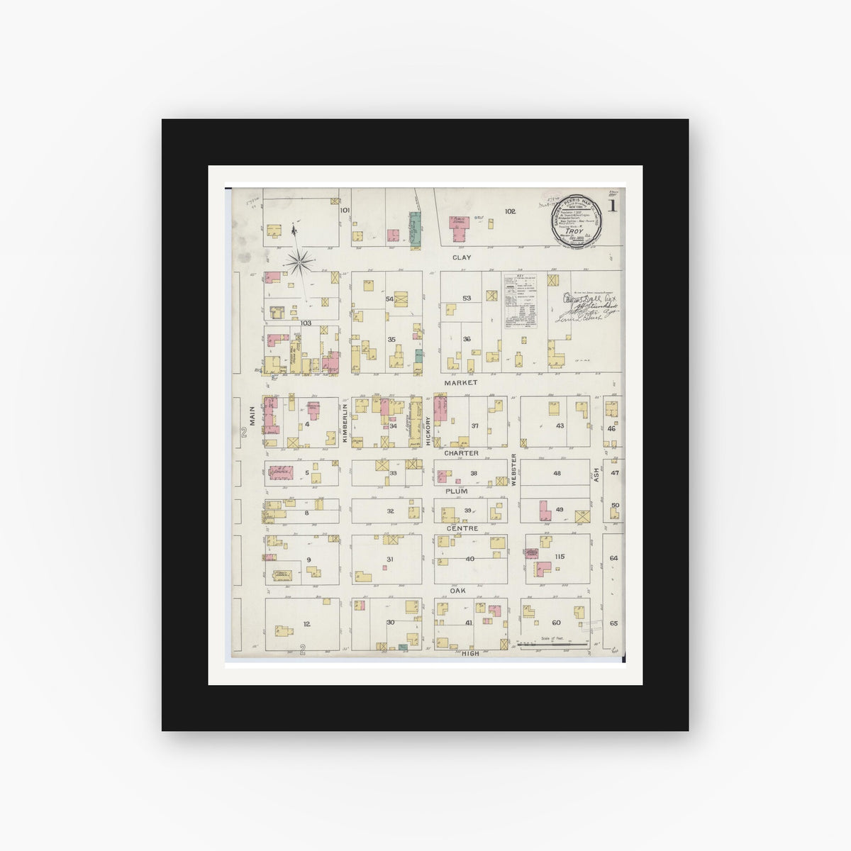 Old map wall art mockup — black gallery frame with white mat — Sanborn Fire Insurance Map from Troy, Madison County, Illinois (1893), Sheet #0001