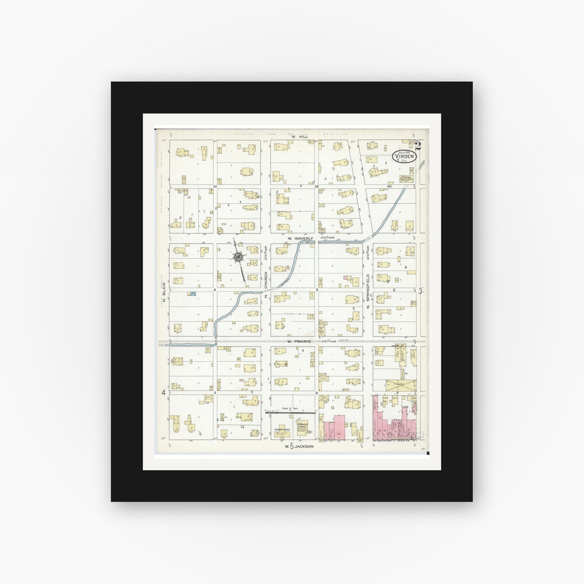 Old map wall art mockup — black gallery frame with white mat — Sanborn Fire Insurance Map from Virden, Macoupin County, Illinois (1914), Sheet #0002