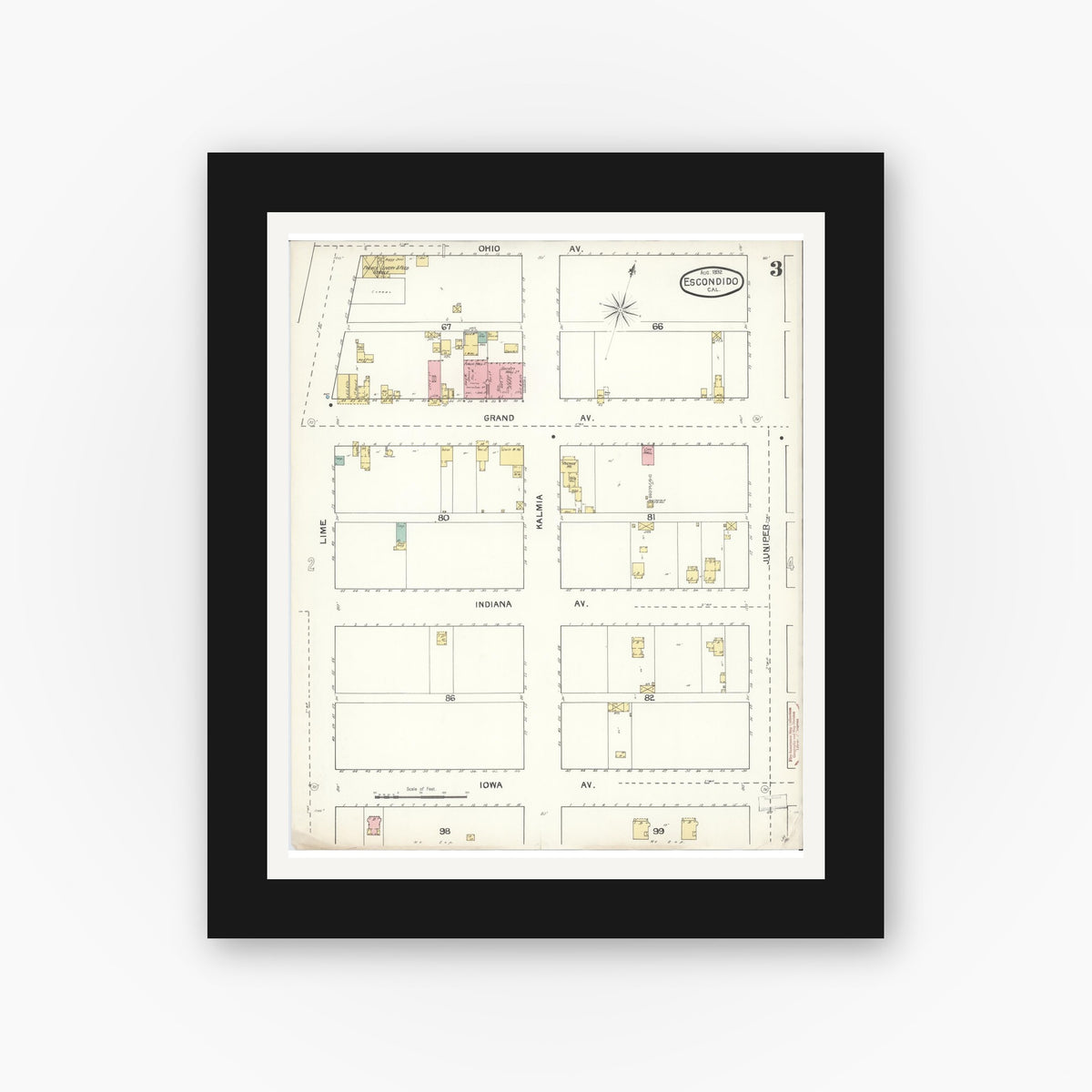 Old map wall art mockup — black gallery frame with white mat — Sanborn Fire Insurance Map from Escondido, San Diego County, California (1892), Sheet #0003