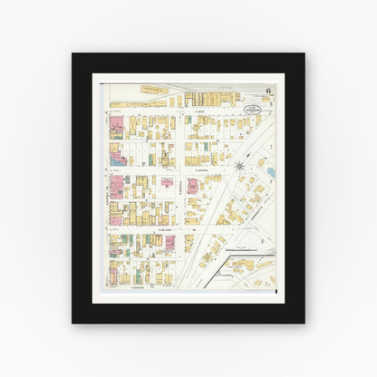 Old map wall art mockup — black gallery frame with white mat — Sanborn Fire Insurance Map from Ironwood, Gogebic County, Michigan (1908), Sheet #0006