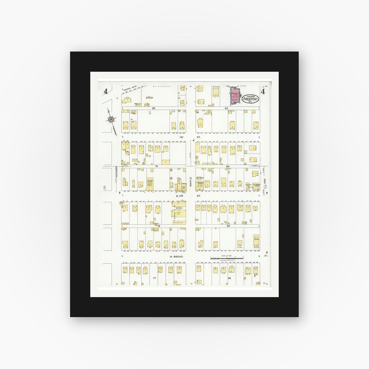 Old map wall art mockup — black gallery frame with white mat — Sanborn Fire Insurance Map from Freeport, Brazoria County, Texas (1926), Sheet #0004