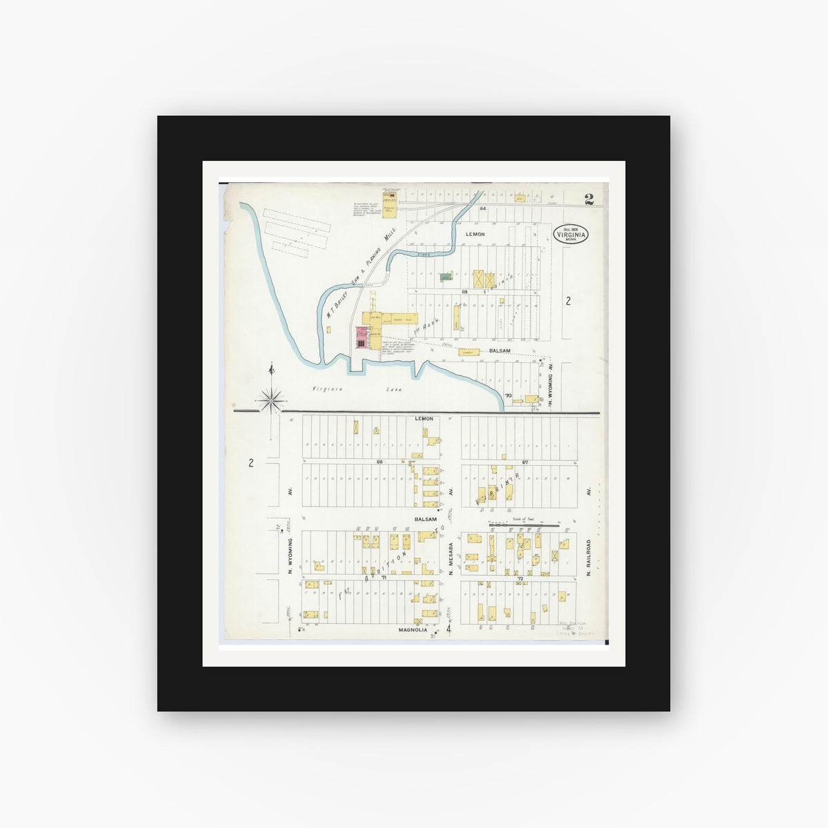 Old map wall art mockup — black gallery frame with white mat — Sanborn Fire Insurance Map from Virginia, Saint Louis County, Minnesota (1908), Sheet #0002