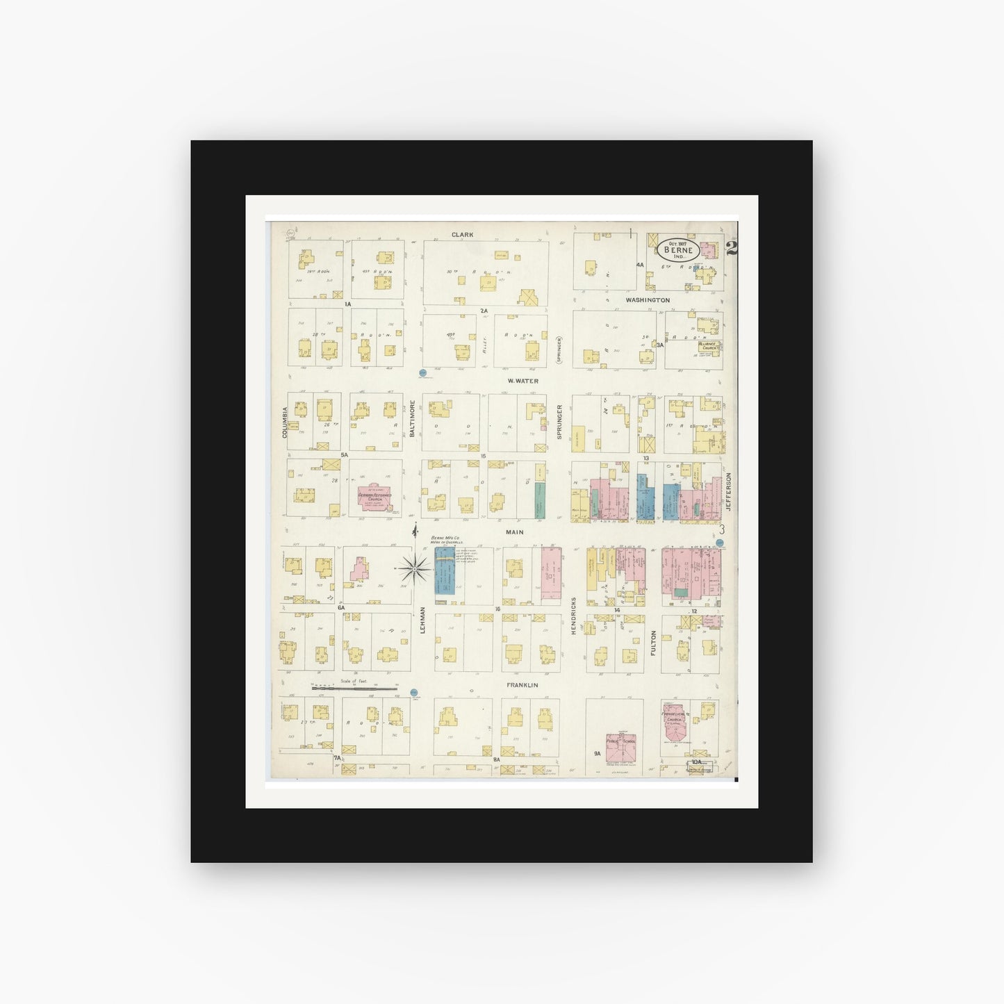 Old map wall art mockup — black gallery frame with white mat — Sanborn Fire Insurance Map from Berne, Adams County, Indiana (1907), Sheet #0002
