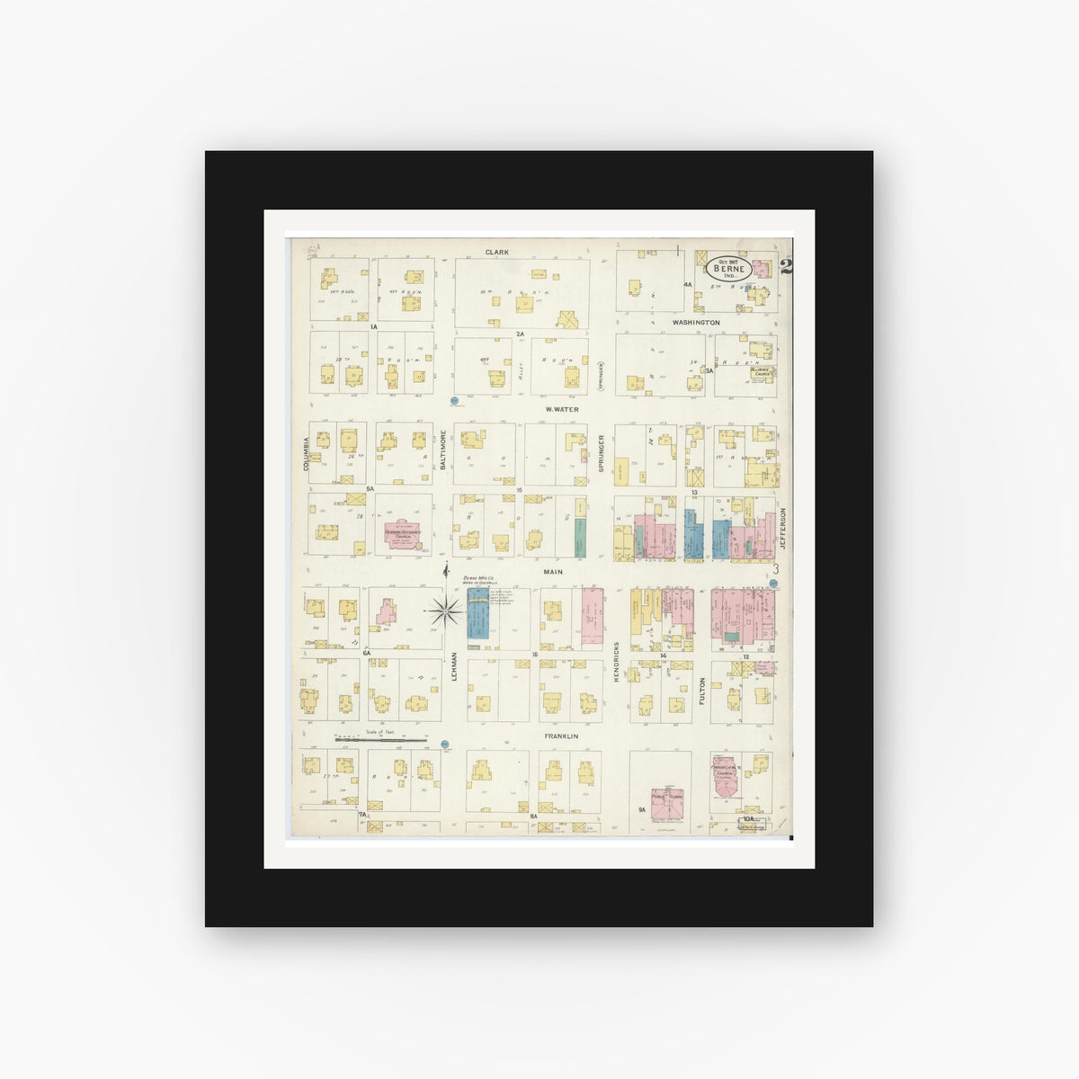 Old map wall art mockup — black gallery frame with white mat — Sanborn Fire Insurance Map from Berne, Adams County, Indiana (1907), Sheet #0002