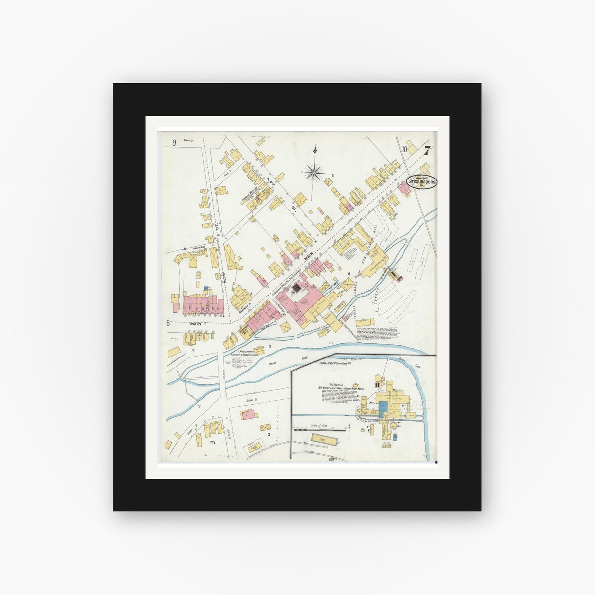 Old map wall art mockup — black gallery frame with white mat — Sanborn Fire Insurance Map from Stroudsburg, Monroe County, Pennsylvania (1905), Sheet #0007