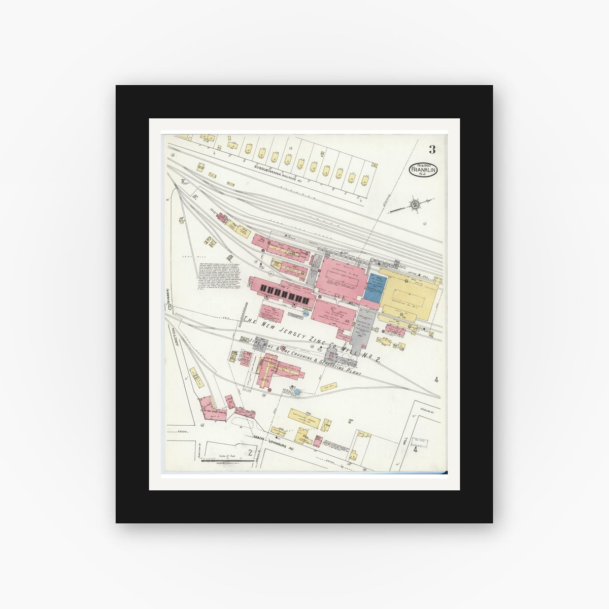 Old map wall art mockup — black gallery frame with white mat — Sanborn Fire Insurance Map from Franklin, Sussex County, New Jersey (1920), Sheet #0003