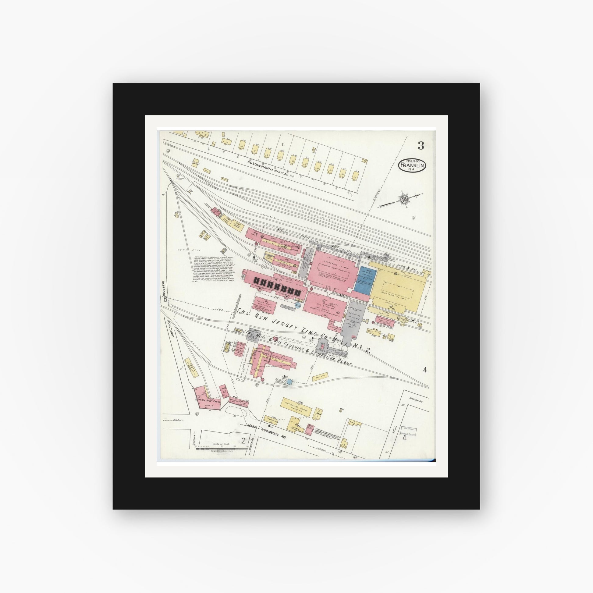 Old map wall art mockup — black gallery frame with white mat — Sanborn Fire Insurance Map from Franklin, Sussex County, New Jersey (1920), Sheet #0003