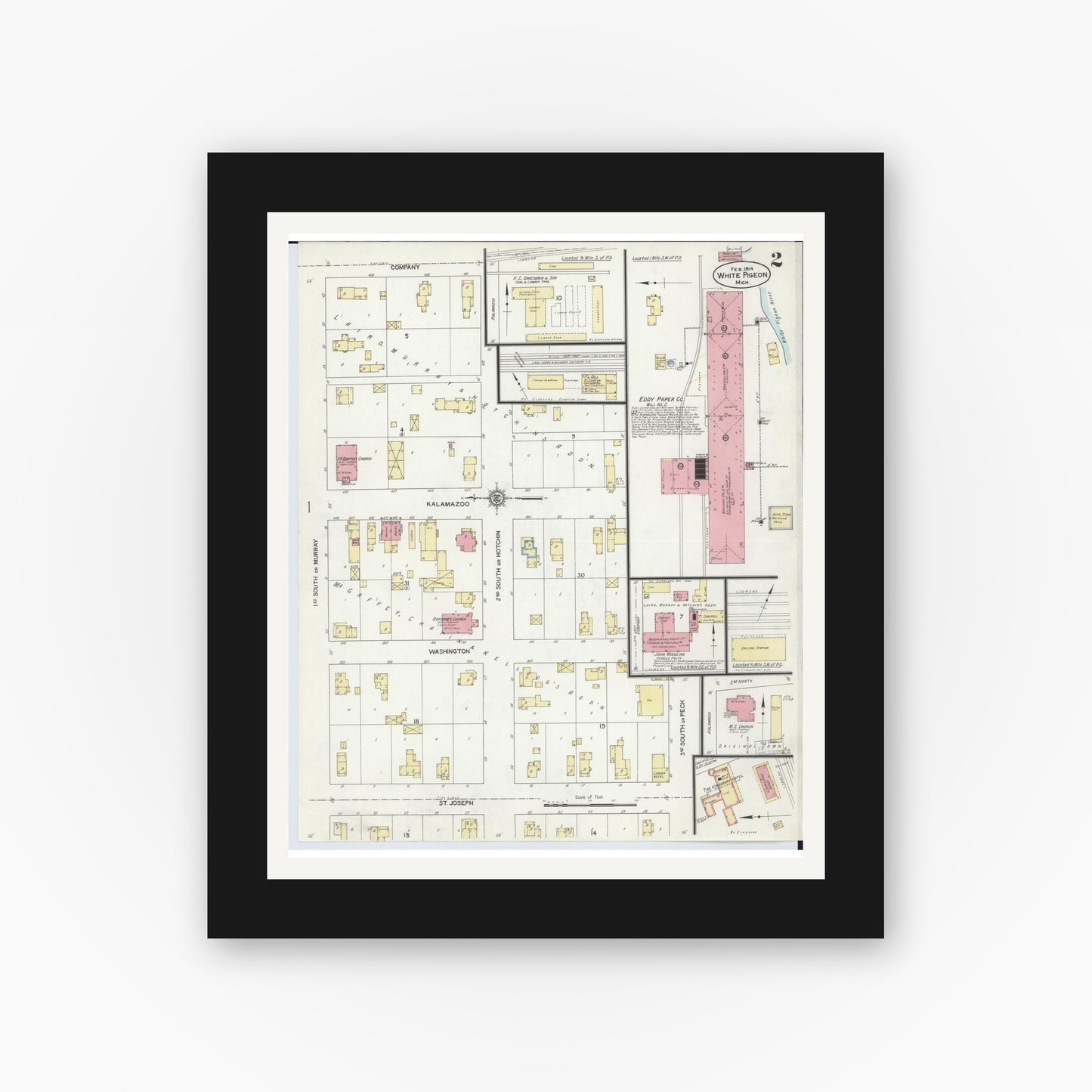 Old map wall art mockup — black gallery frame with white mat — Sanborn Fire Insurance Map from White Pigeon, Saint Joseph County, Michigan (1914), Sheet #0002