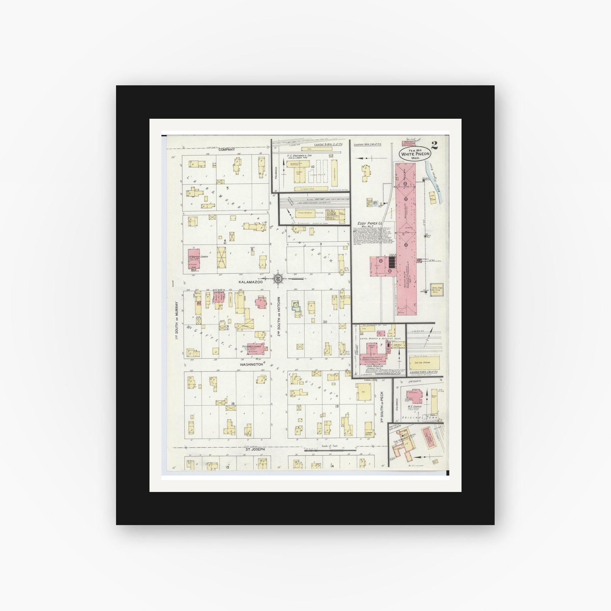 Old map wall art mockup — black gallery frame with white mat — Sanborn Fire Insurance Map from White Pigeon, Saint Joseph County, Michigan (1914), Sheet #0002