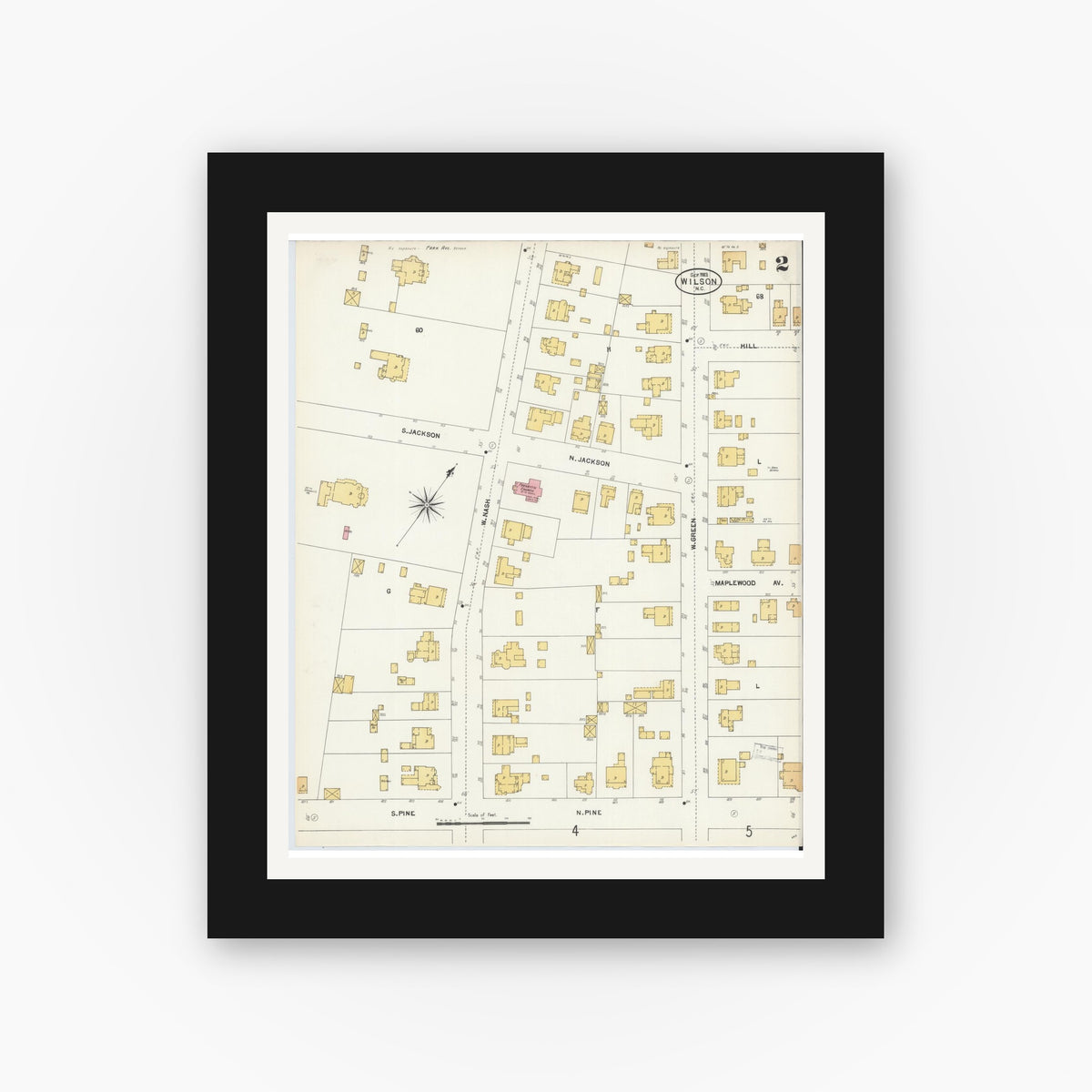 Old map wall art mockup — black gallery frame with white mat — Sanborn Fire Insurance Map from Wilson, Wilson County, North Carolina (1903), Sheet #0002