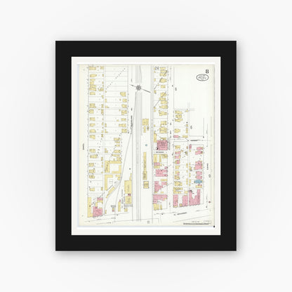 Old map wall art mockup — black gallery frame with white mat — Sanborn Fire Insurance Map from Peru, Miami County, Indiana (1912), Sheet #0008
