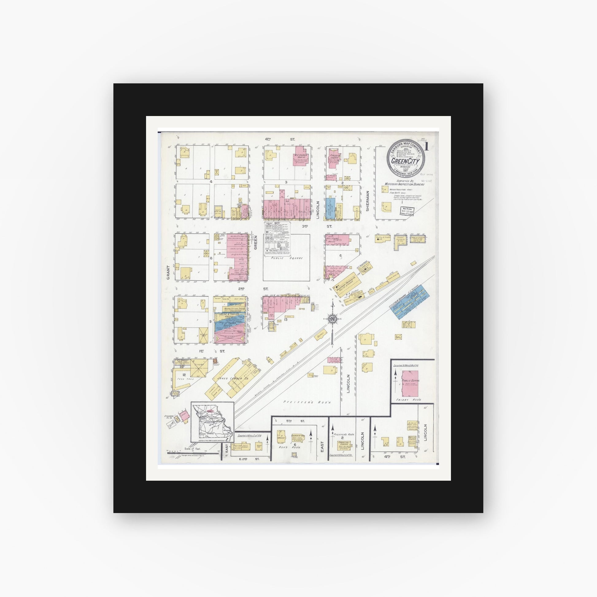 Old map wall art mockup — black gallery frame with white mat — Sanborn Fire Insurance Map from Green City, Sullivan County, Missouri (1917), Sheet #0001