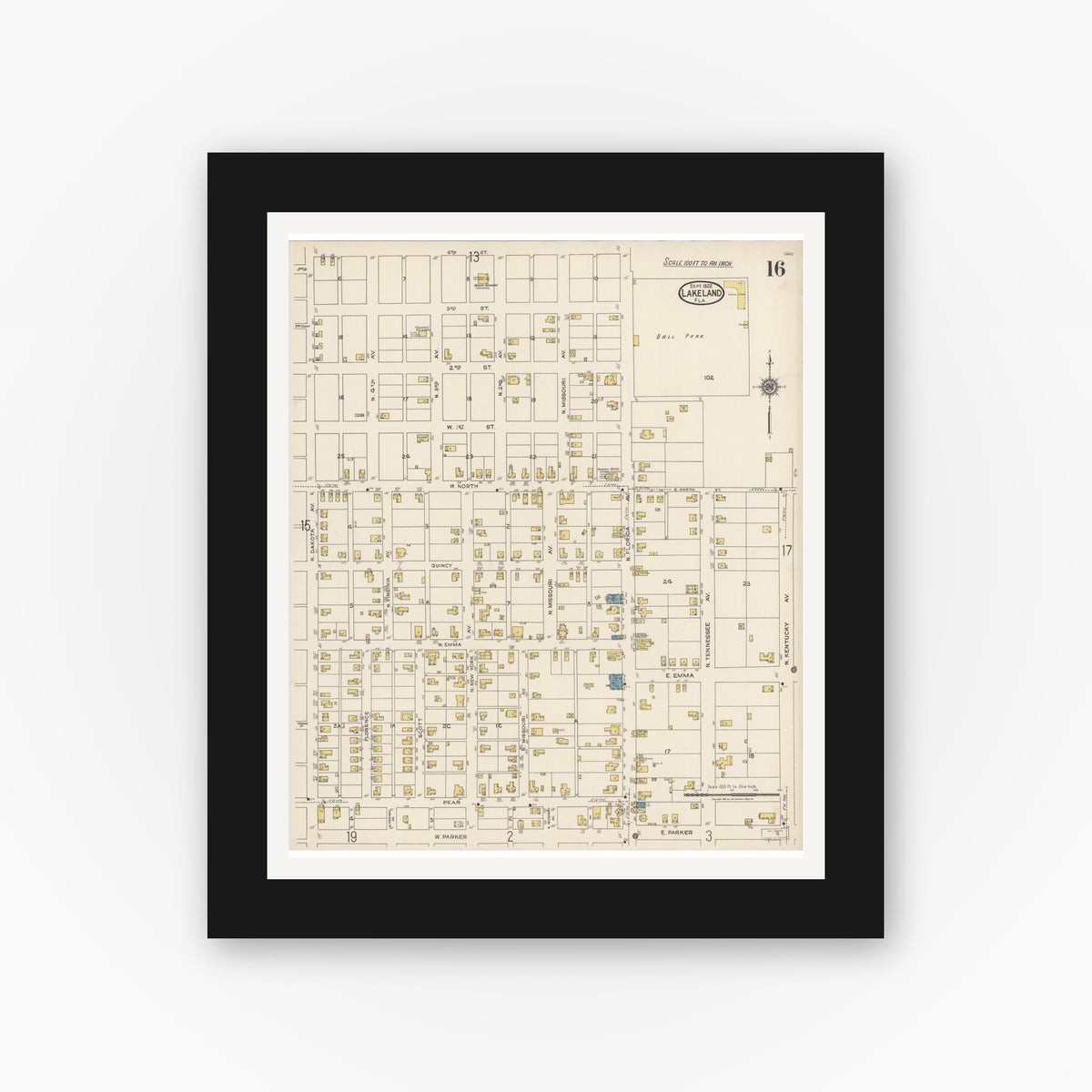 Old map wall art mockup — black gallery frame with white mat — Sanborn Fire Insurance Map from Lakeland, Polk County, Florida (1922), Sheet #0016