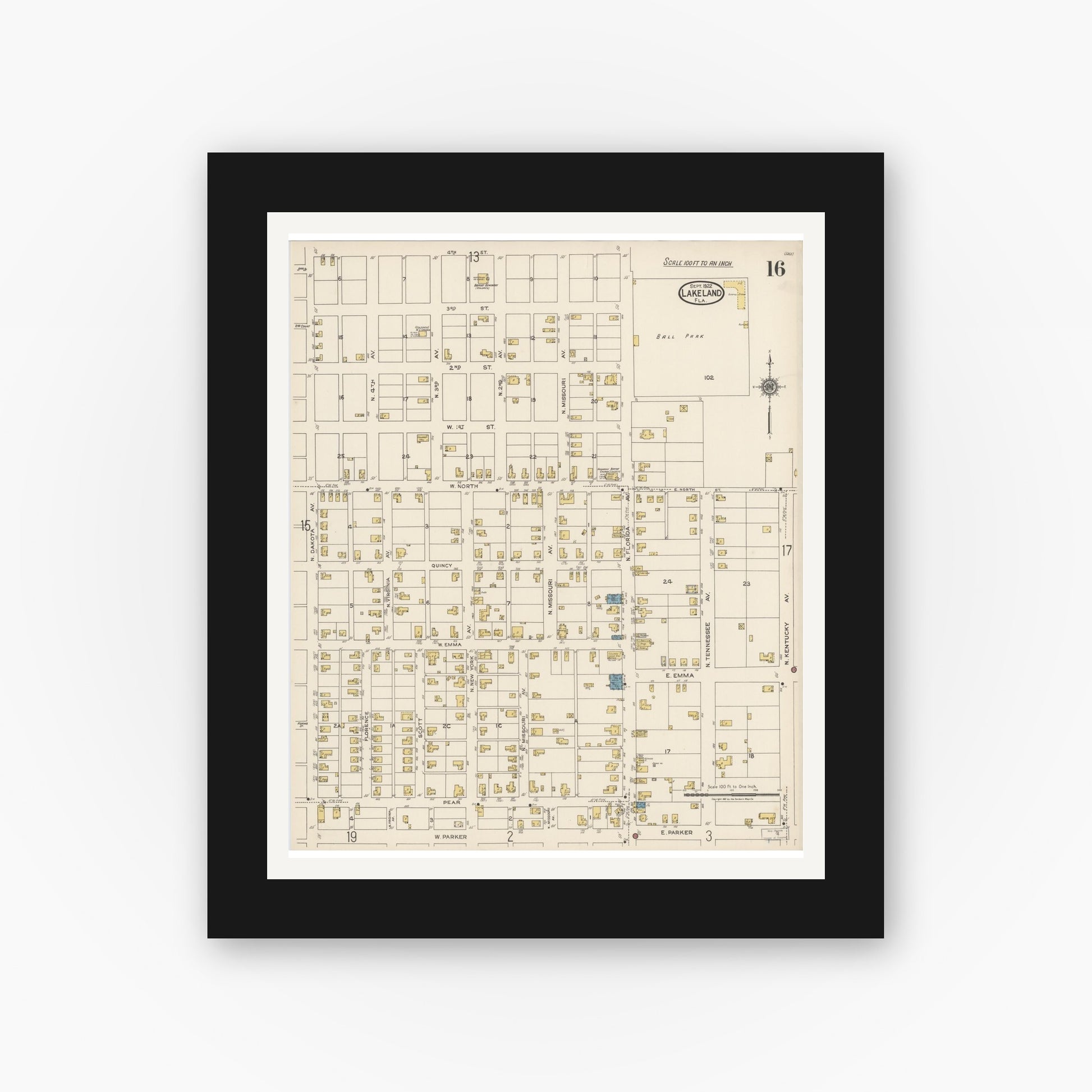 Old map wall art mockup — black gallery frame with white mat — Sanborn Fire Insurance Map from Lakeland, Polk County, Florida (1922), Sheet #0016