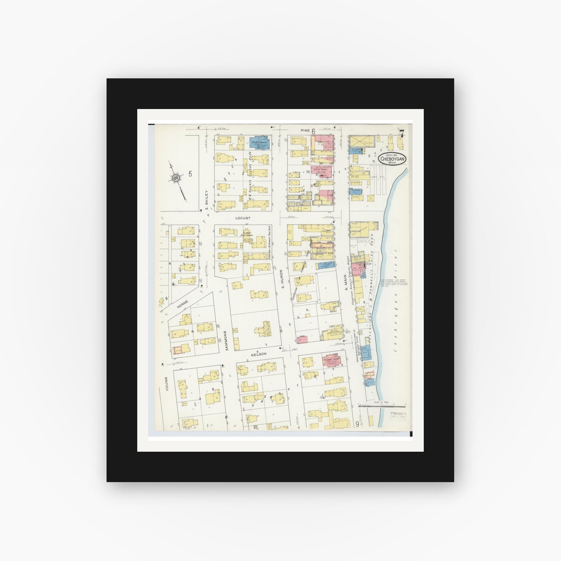 Old map wall art mockup — black gallery frame with white mat — Sanborn Fire Insurance Map from Cheboygan, Cheboygan County, Michigan (1915), Sheet #0007