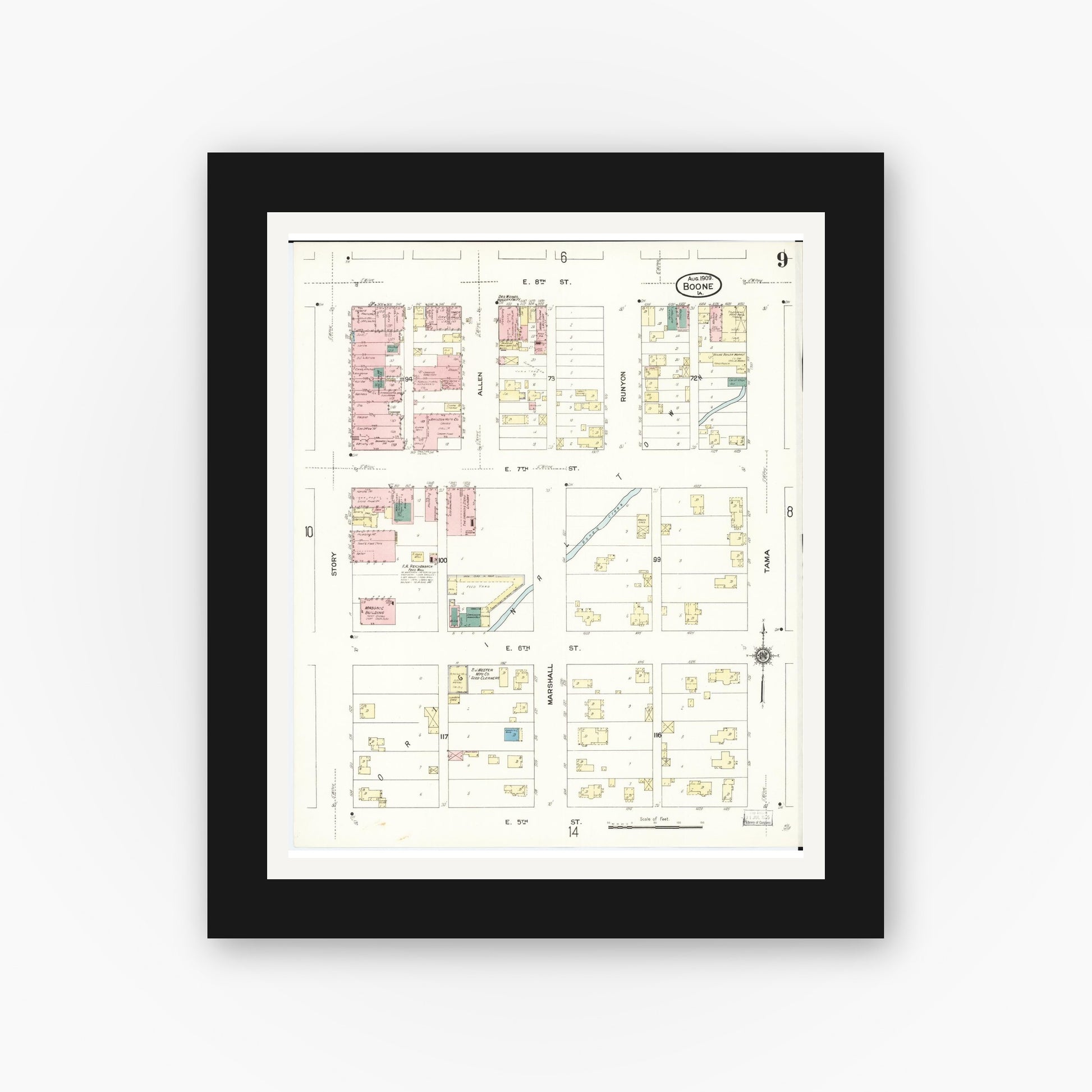 Old map wall art mockup — black gallery frame with white mat — Sanborn Fire Insurance Map from Boone, Boone County, Iowa (1909), Sheet #0009