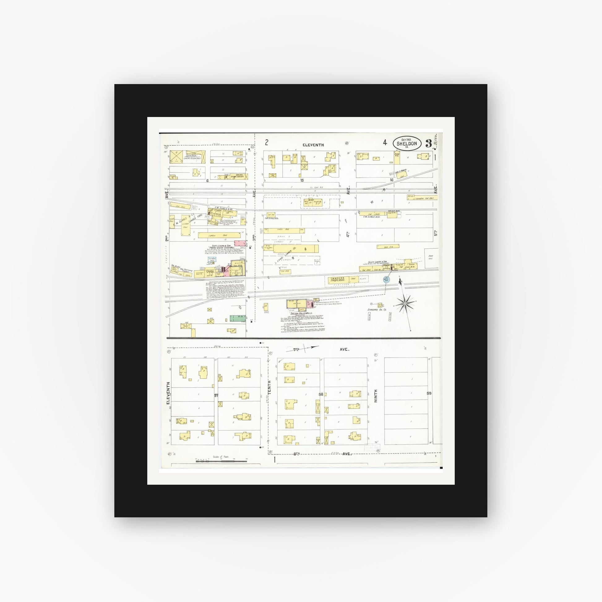 Old map wall art mockup — black gallery frame with white mat — Sanborn Fire Insurance Map from Sheldon, O'Brien County, Iowa (1901), Sheet #0003