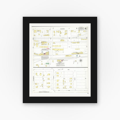 Old map wall art mockup — black gallery frame with white mat — Sanborn Fire Insurance Map from Sheldon, O'Brien County, Iowa (1901), Sheet #0003