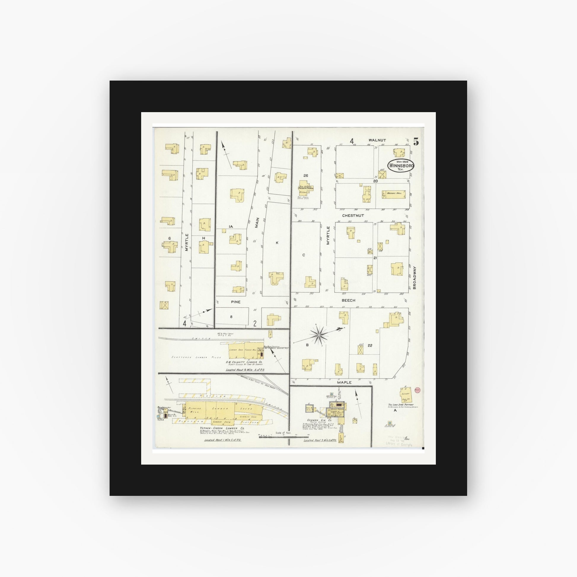 Old map wall art mockup — black gallery frame with white mat — Sanborn Fire Insurance Map from Winnsboro, Wood County, Texas (1909), Sheet #0005