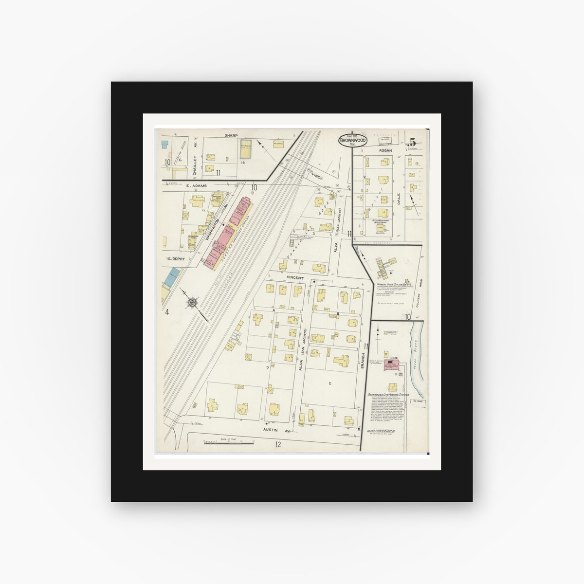 Old map wall art mockup — black gallery frame with white mat — Sanborn Fire Insurance Map from Brownwood, Brown County, Texas (1915), Sheet #0005