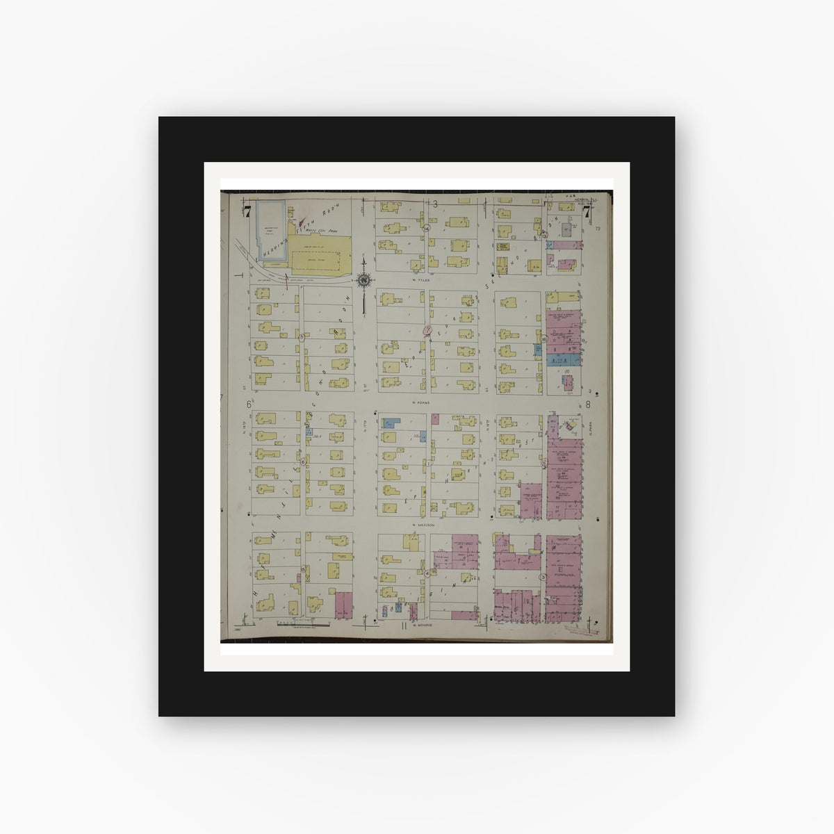 Old map wall art mockup — black gallery frame with white mat — Sanborn Fire Insurance Map from Herrin, Williamson County, Illinois (1947), Sheet #0007