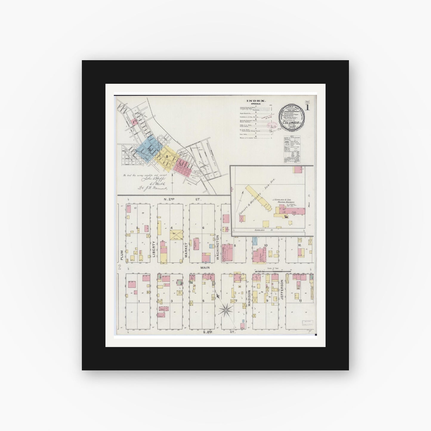 Old map wall art mockup — black gallery frame with white mat — Sanborn Fire Insurance Map from Columbia, Monroe County, Illinois (1894), Sheet #0001