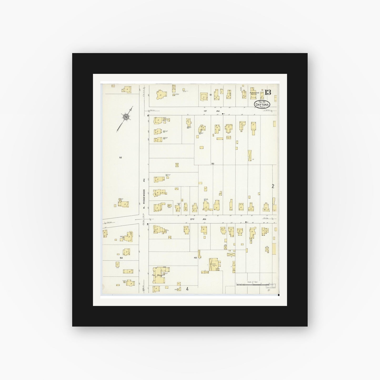 Old map wall art mockup — black gallery frame with white mat — Sanborn Fire Insurance Map from Daytona, Volusia County, Florida (1912), Sheet #0013