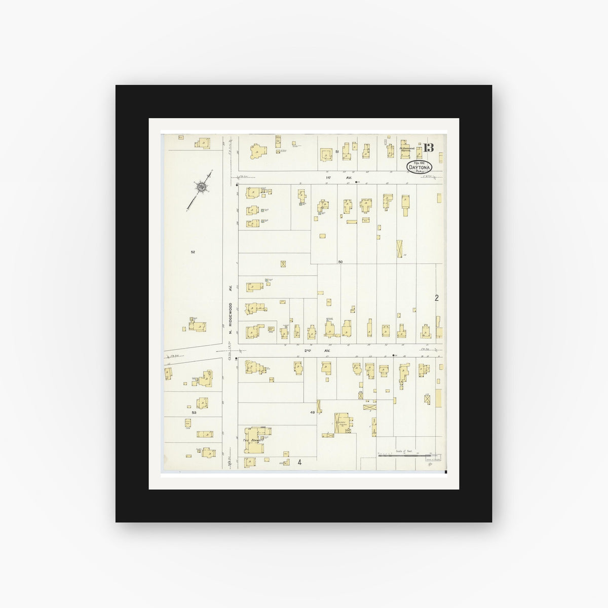 Old map wall art mockup — black gallery frame with white mat — Sanborn Fire Insurance Map from Daytona, Volusia County, Florida (1912), Sheet #0013
