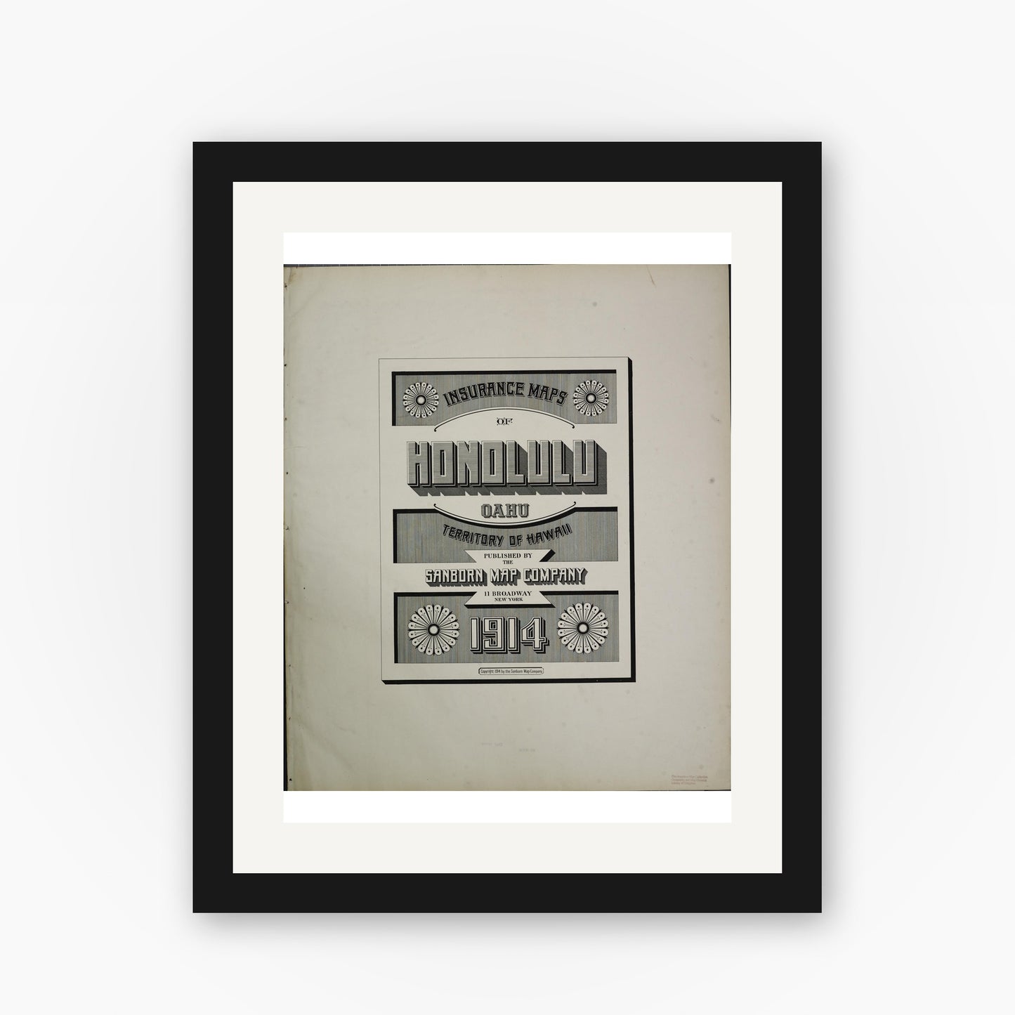 Old map wall art mockup — black gallery frame with white mat — Sanborn Fire Insurance Map from Honolulu, Oahu County, Hawaii (1914), Sheet #0001